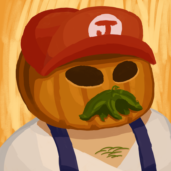 Digital painting of a man with a pumpkin head and leaf mustache wearing a Mario hat.