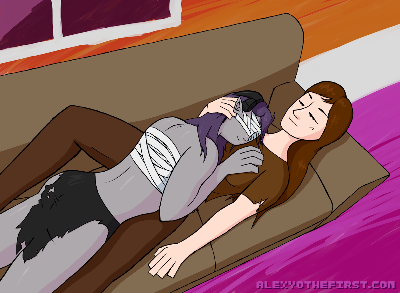 Merla and Monia cuddling on a couch against a background patterned like the sunset lesbian flag.
