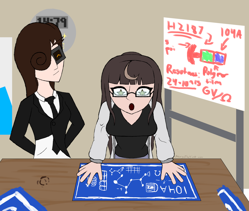 Digital drawing of Ofishaly's Hina and MD-17801 nerding out over blueprints.