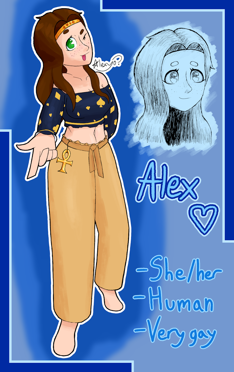 Digital drawing of Alexsona in card-patterned desert-like clothes.