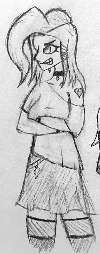 A pencil sketch of Cammi Khimera, a hyperpop girlie, crossing her arms and looking pissed.