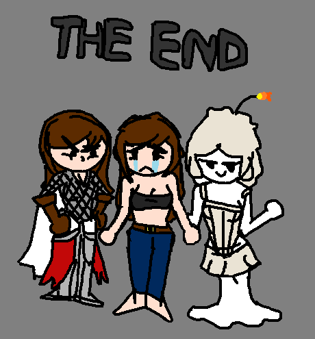 Digital drawing of Merla, Lyn, and Finley in a parody of 'I Hate You's end screen.